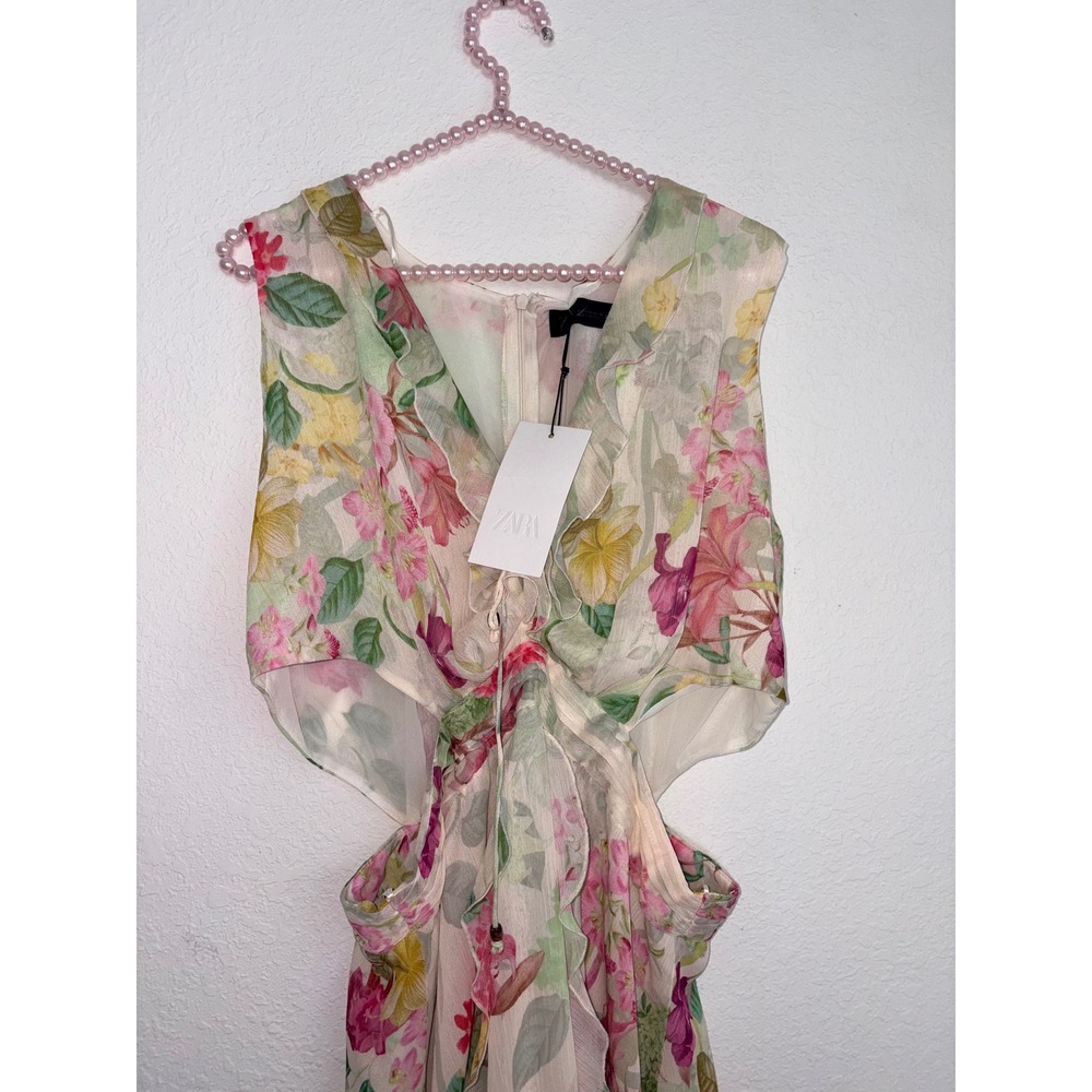Zara Floral Cut-Out Midi Dress XL Cream Pink New Ruffle V-Neck Fairycore party - Picture 14 of 16